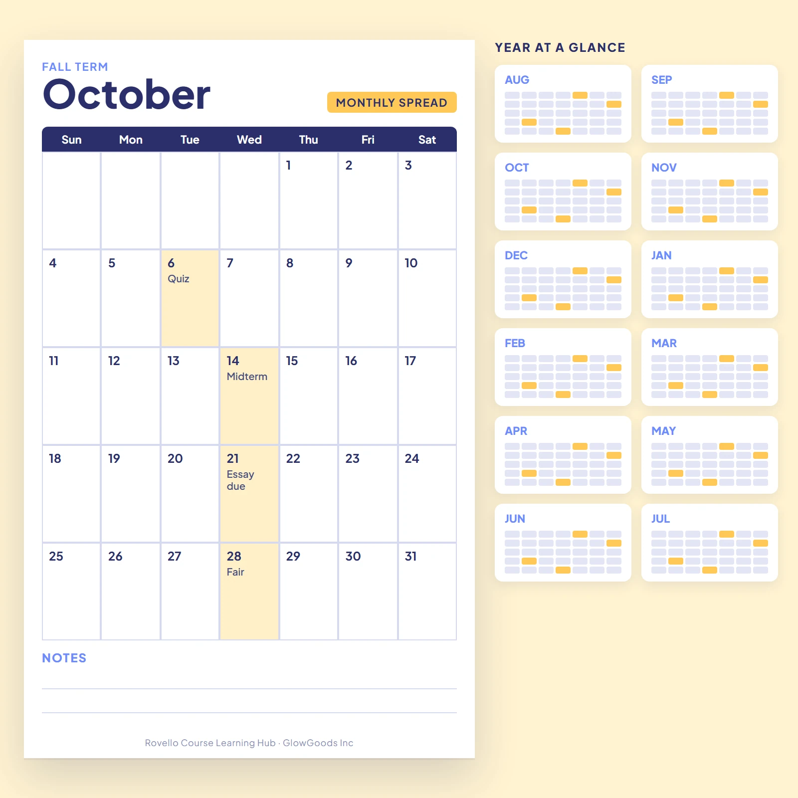 Monthly calendar spread from an academic year planner with a notes column