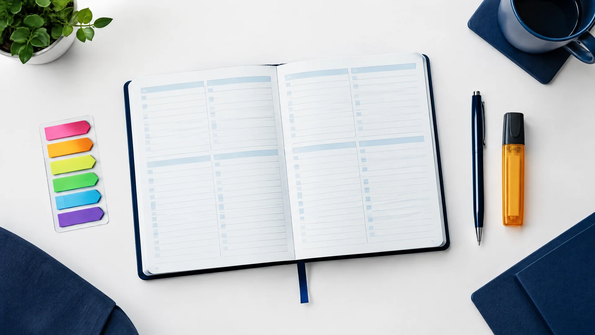 Open planner with colored page tabs, a pen and a highlighter
