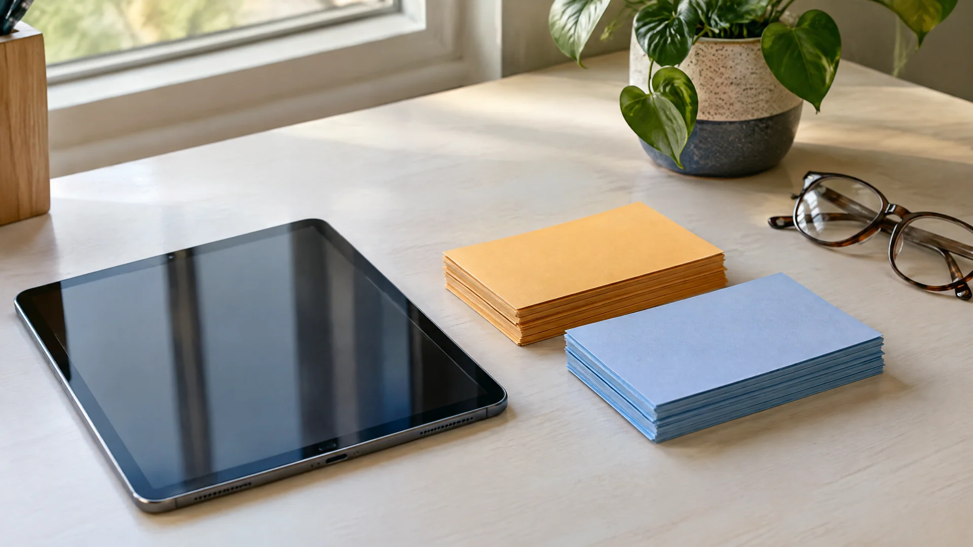 Tablet and stacks of blank index cards on a desk