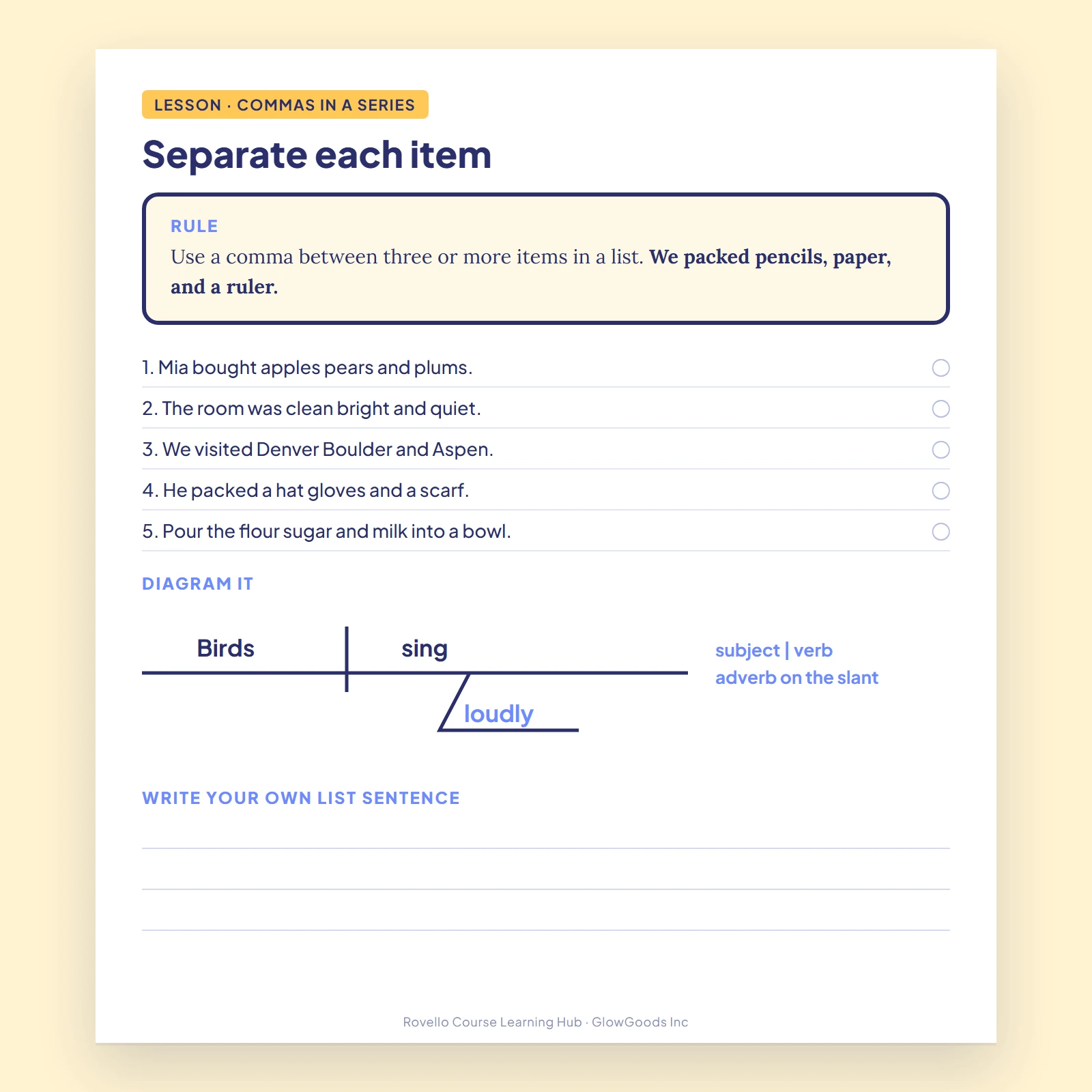 Grammar workbook page with a rule box and a set of sentence-correction exercises