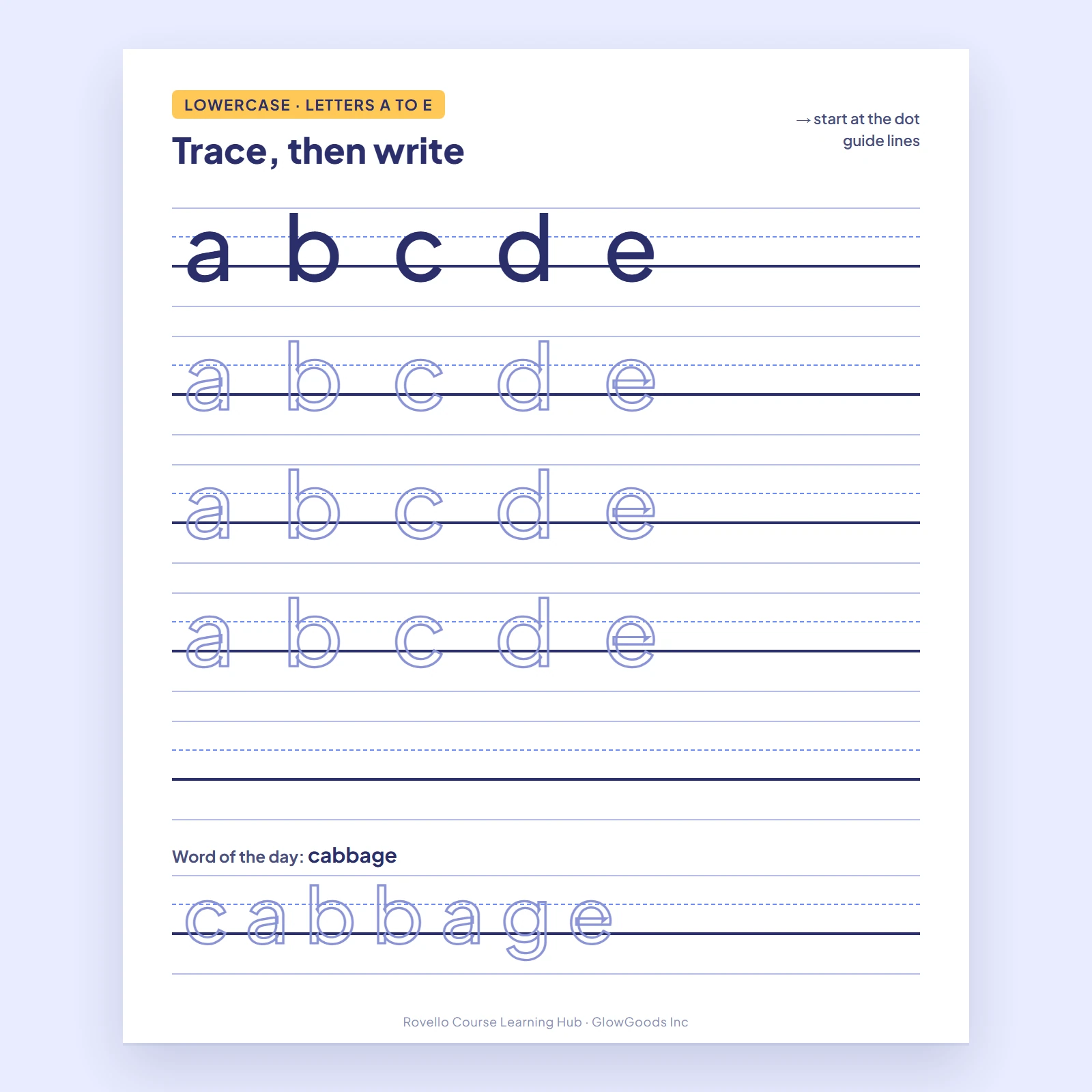 Handwriting practice sheet with ruled guides, dotted letter tracing and stroke arrows