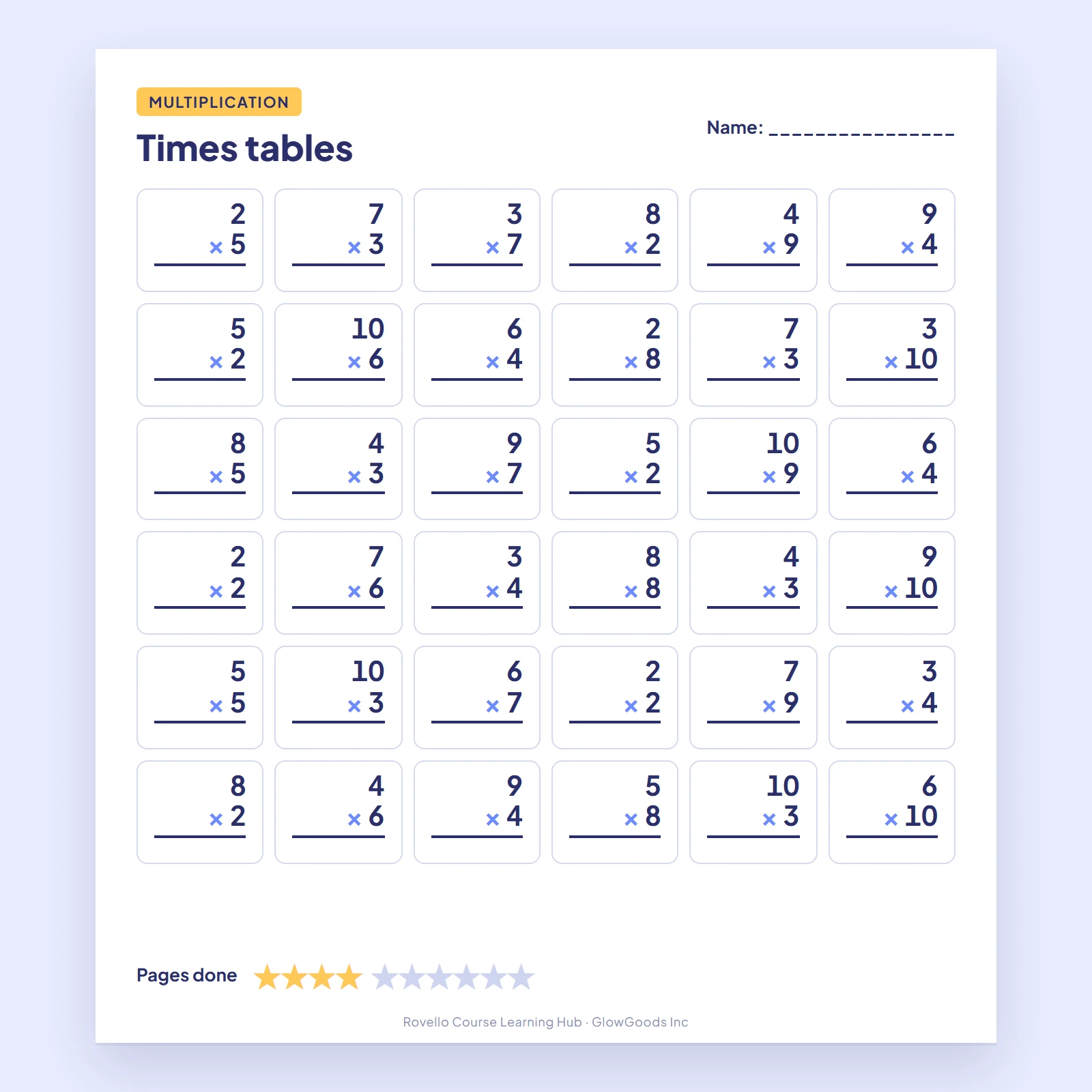 Math worksheet page with a grid of multiplication problems and a row of progress stars