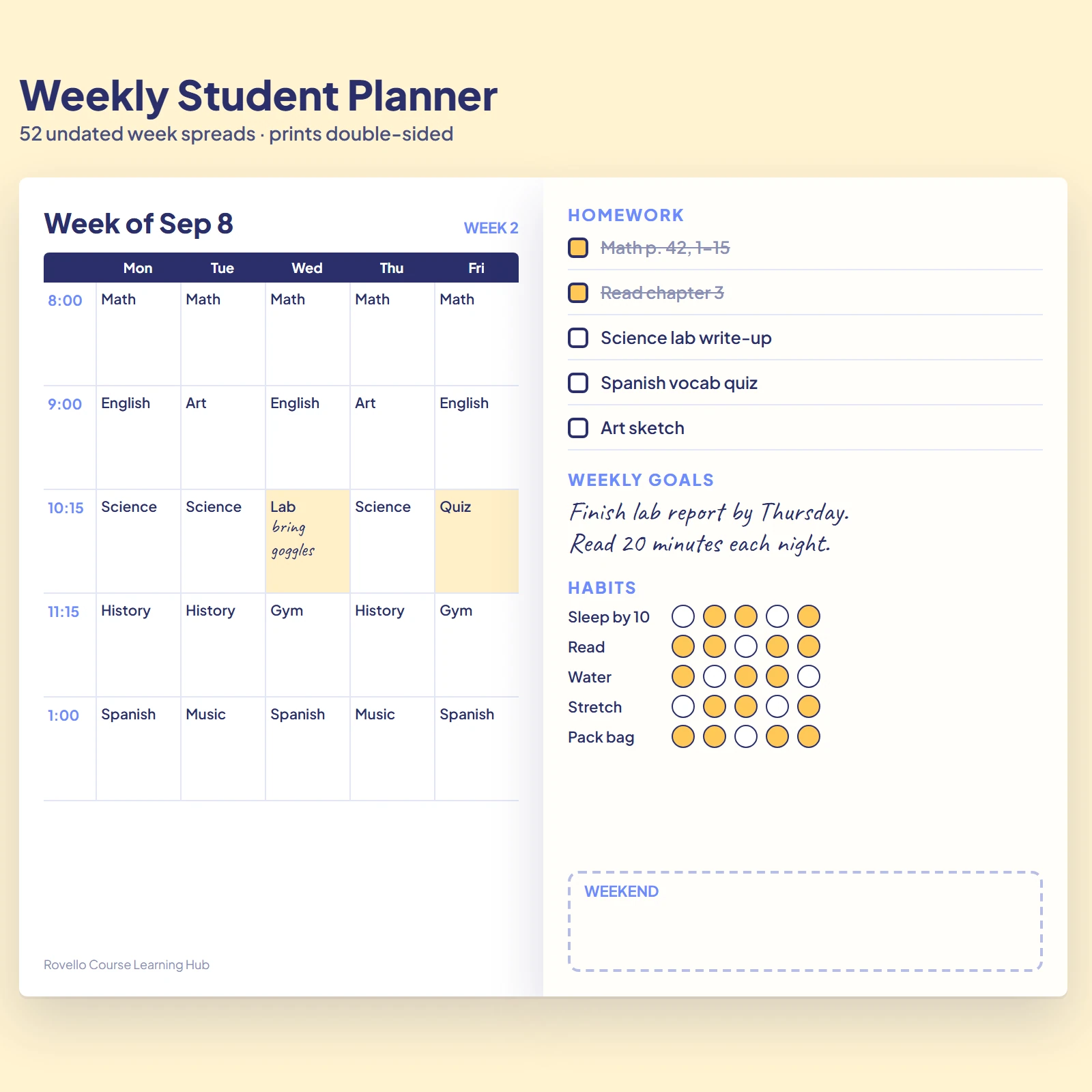 Weekly planner spread with a Monday to Friday class grid and a homework list